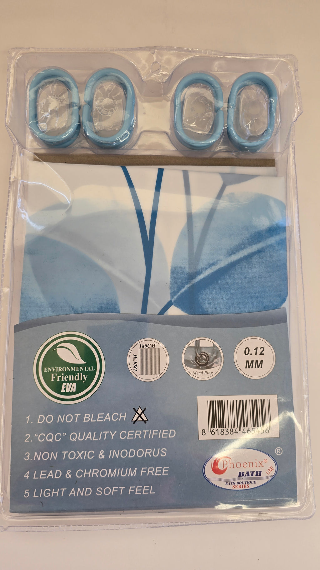 Packaged Phoenix Blue Leaves shower curtain measuring 180 × 180 cm