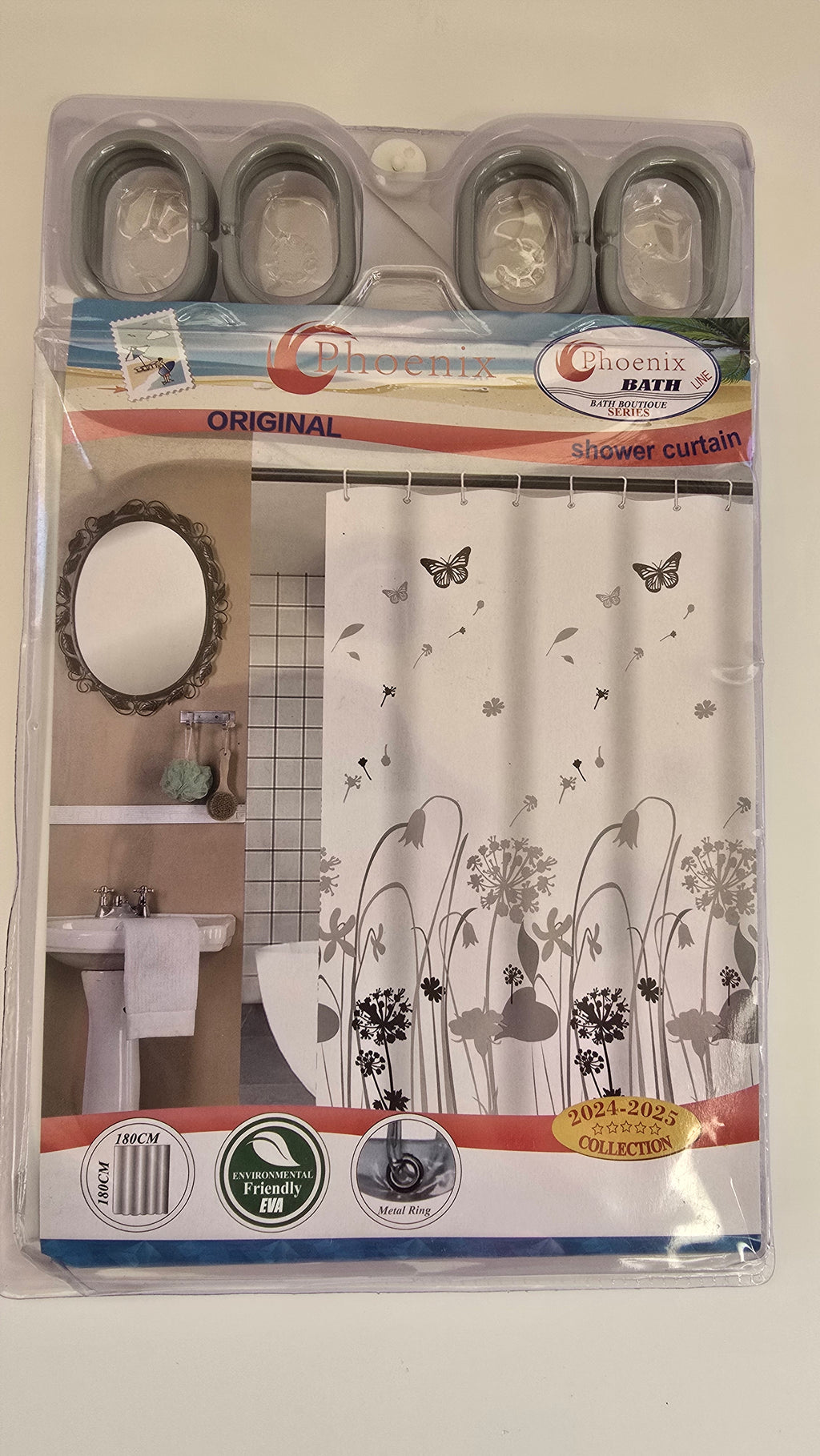 Botanical Butterflies EVA shower curtain with grey hanging rings