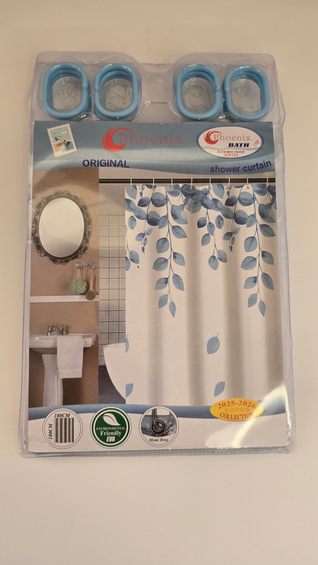 Phoenix Blue Leaves EVA shower curtain package with coordinating blue rings