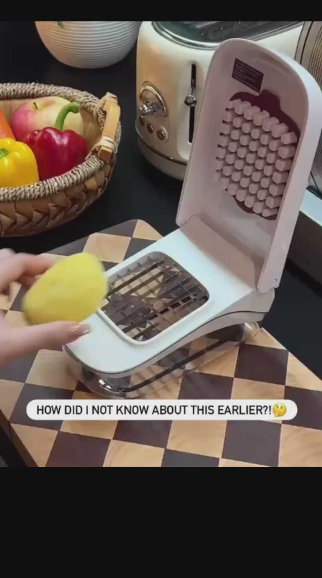 Beiryta Easy-Press Vegetable Chopper dicing potatoes, carrots and onions into its collection container