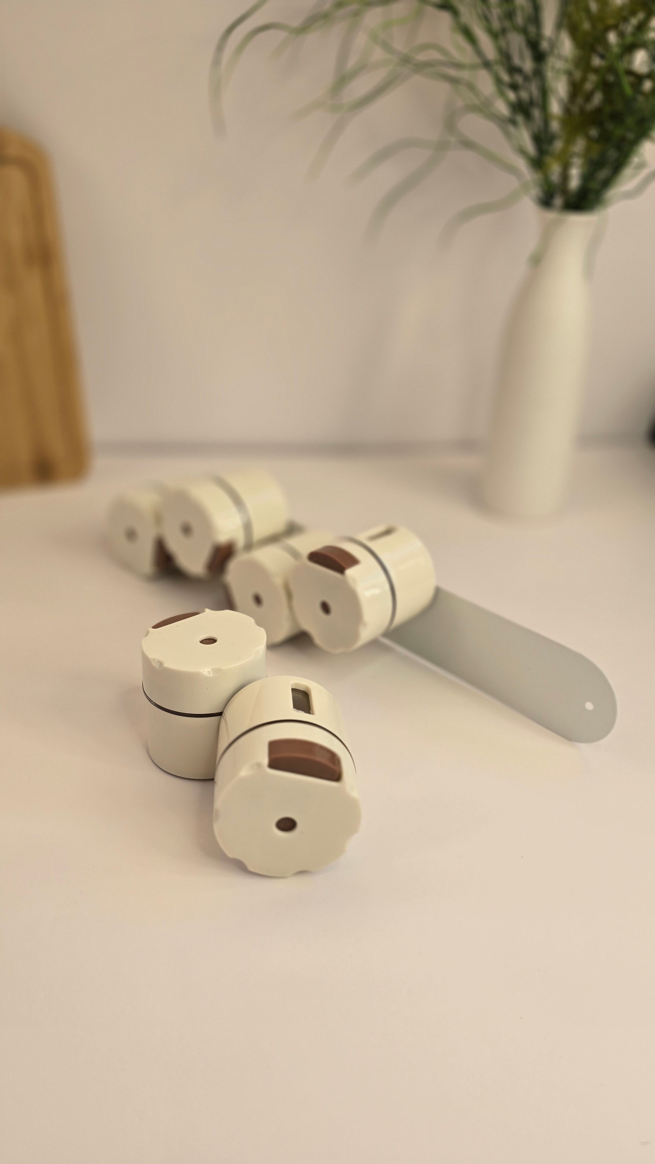 Removable cream and brown magnetic spice containers with mounting strip