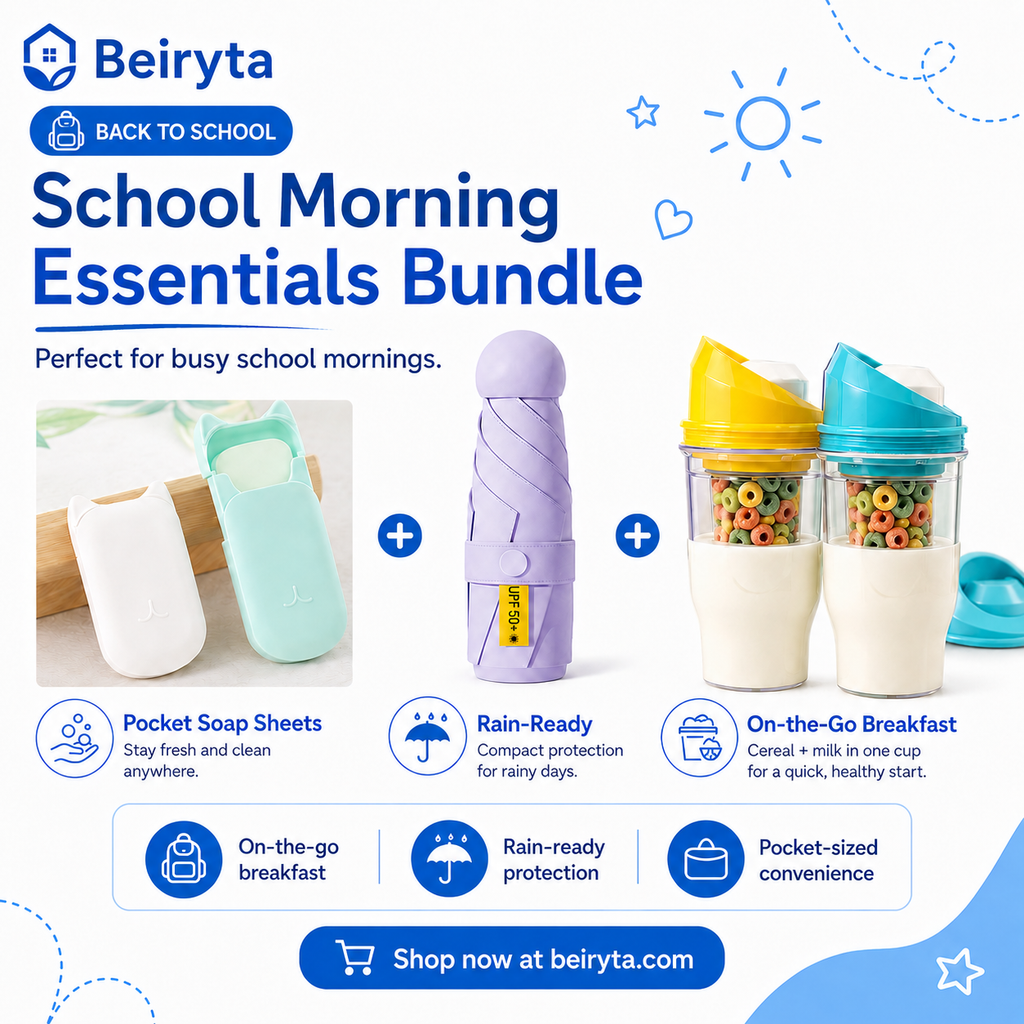 Promotional graphic for the Beiryta School Morning Essentials Bundle, featuring three products: a mint green and white pocket soap sheet pack, a lavender rain-ready compact bottle, and two on-the-go breakfast drink containers in yellow and blue. The graphic includes descriptive text and icons on a white background with blue accents.