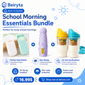 Promotional graphic for the Beiryta School Morning Essentials Bundle, showing three products: a pocket soap sheet pack, a rain-ready compact umbrella case, and two on-the-go breakfast cups filled with cereal and milk. The image includes descriptive text, icons, and pricing information on a blue and white background.