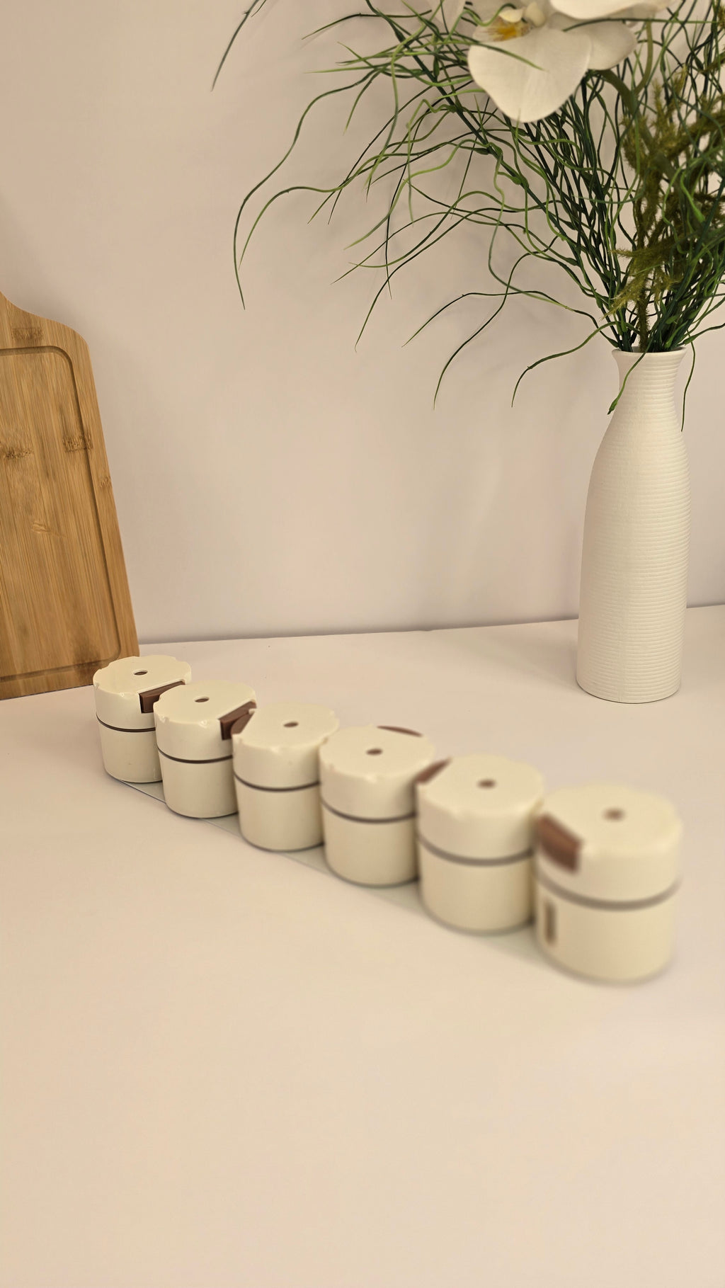 Six removable magnetic seasoning containers arranged on a countertop