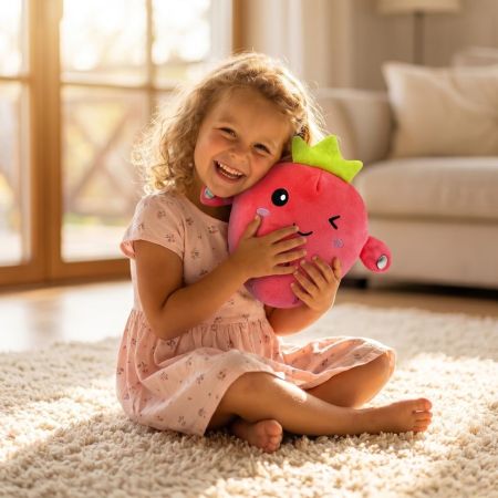 A young girl with curly blonde hair sits on a fluffy cream rug in a brightly lit living room, smiling and hugging a pink plush strawberry toy with a green leafy crown.