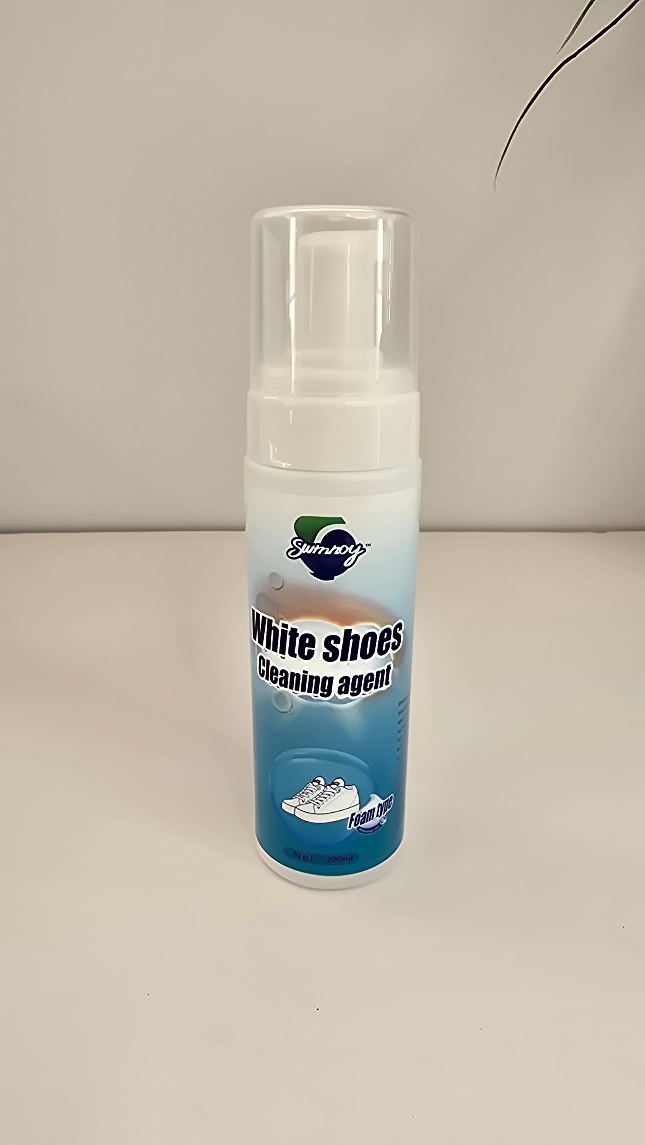 Front view of Sumroy white shoe cleaning foam bottle