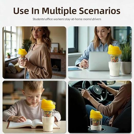 A promotional collage showing a clear plastic travel tumbler with a bright yellow lid and a white insert cup, used by a woman, a man, a child, and someone in a car. The top text reads 'Use In Multiple Scenarios' with smaller text listing students, office workers, stay-at-home moms, and drivers.