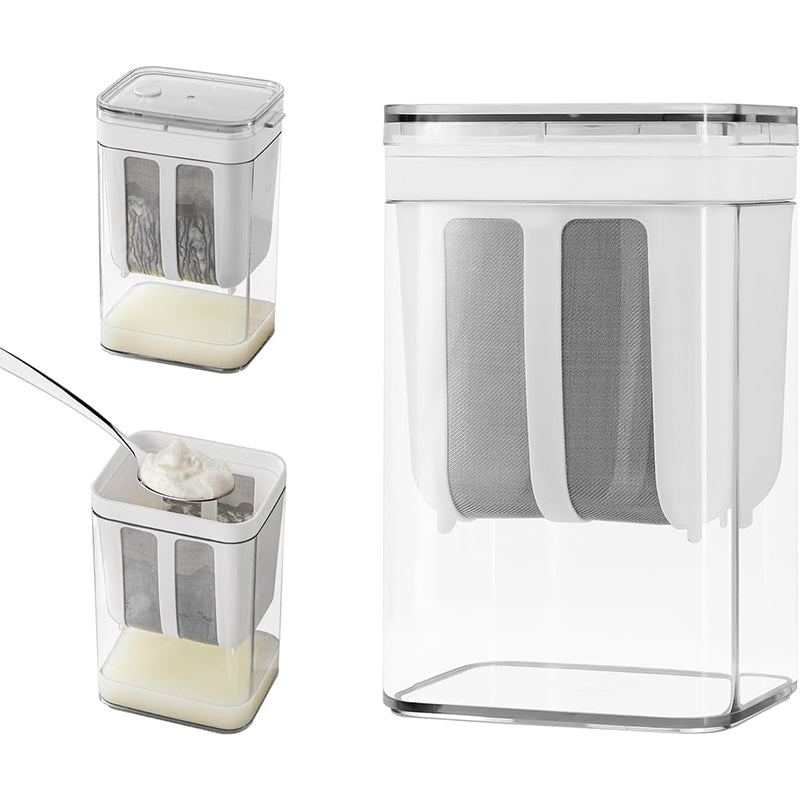 Yogurt strainer with fine mesh basket and clear collection container