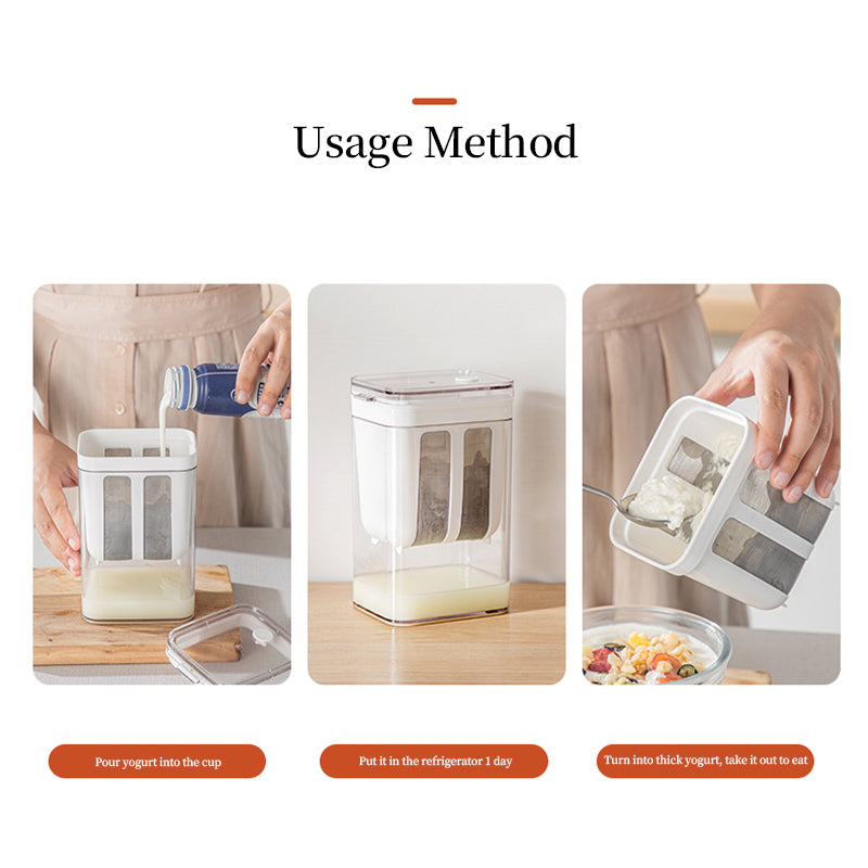 Yogurt strainer collecting liquid whey in the container below